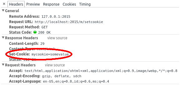 Encabezado de respuesta puesta de una Cookie response en las herramientas de desarrollador de Chrome's