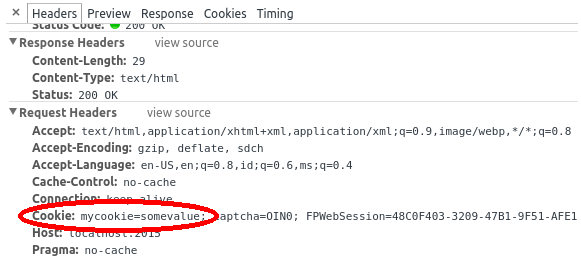 Encabezado de petición de una Cookie en las herramientas de desarrollo de Chrome's