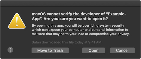 The Gatekeeper "bypass" dialog, accessed by control-clicking on the app (Catalina macOS 10.15.3 dialog)