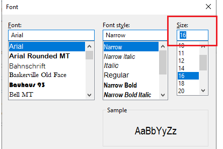 arial font dimensions