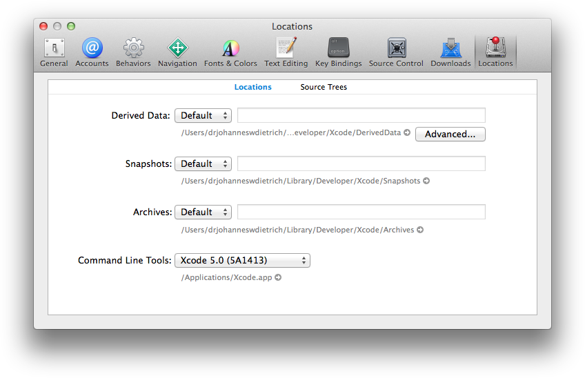 Default location of command line tools in Xcode 5.